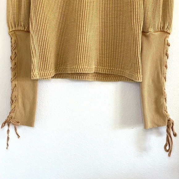 Free People One Tasha Thermal Waffle Knit Lace Up Puff Sleeve Top Dark Yellow XS - Picture 6 of 15